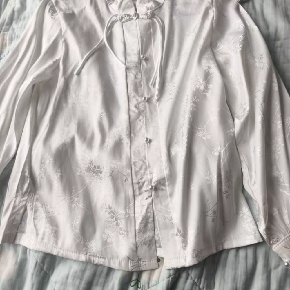 Women’s Floral Satin Button-Front Blouse — White